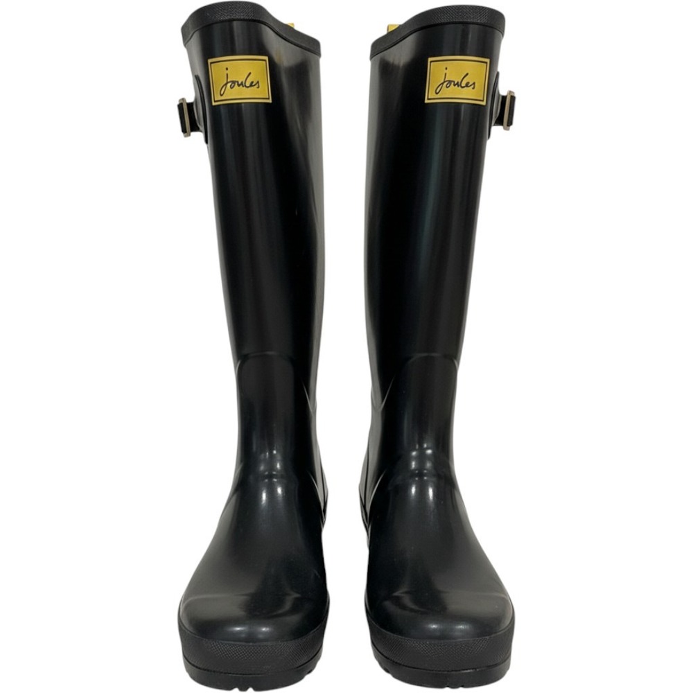 Joules Fieldwell Black Yellow Stripe Tall Glossy Rain Boots Women US 9 EU 40/41